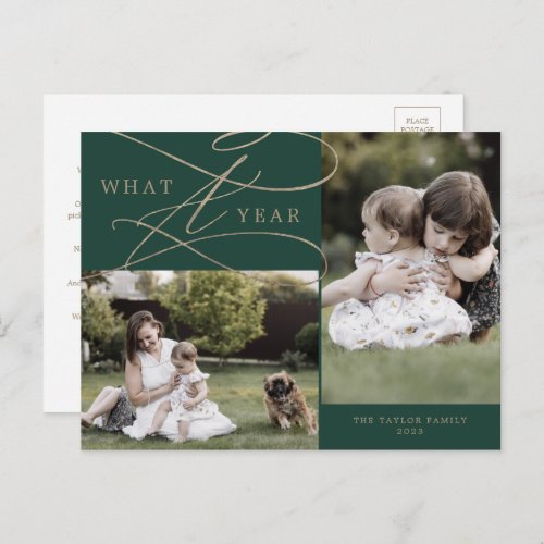 Romantic Gold Green What A Year 2 Photo Family Holiday Postcard