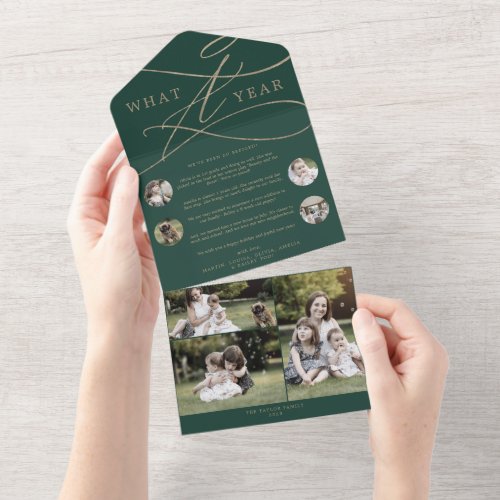 Romantic Gold Green What A Year 7 Photo Holiday All In One Invitation