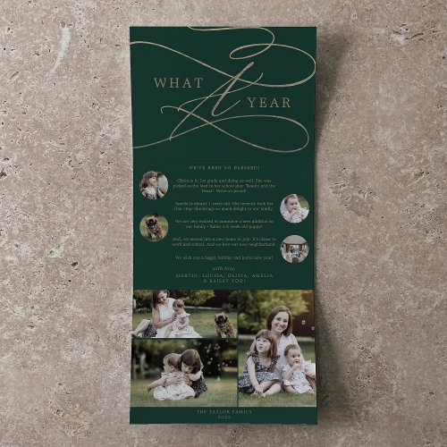 Romantic Gold Green What A Year Multi Photo Tri_Fold Holiday Card