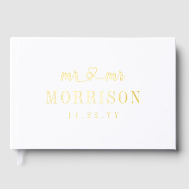 Romantic Gold Heart Script Mr & Mr Wedding Foil Guest Book (Front)