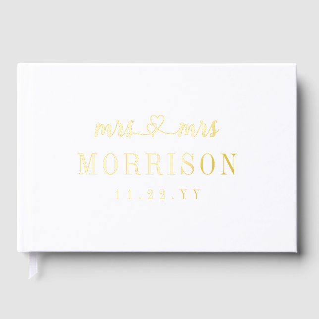 Romantic Gold Heart Script Mrs & Mrs Wedding Foil Guest Book (Front)