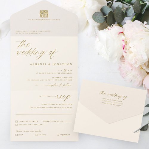 Romantic Gold Ivory Delicate Script Wedding All In One Invitation