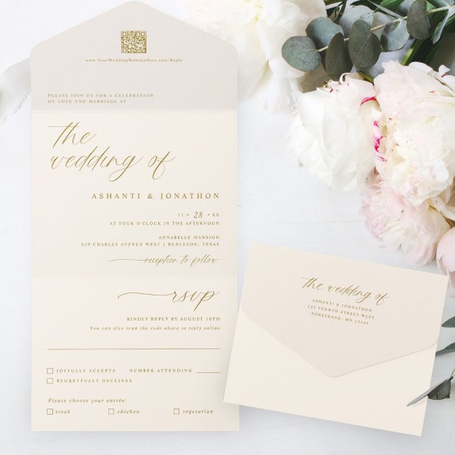 Romantic Gold Ivory Delicate Script Wedding All In One Invitation (Modern Romantic Wedding Invitation - All in One - Gold and Ivory)
