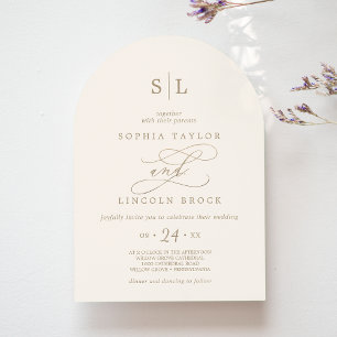 Romantic Gold Ivory Monogram Elegant Arch Wedding Invitation