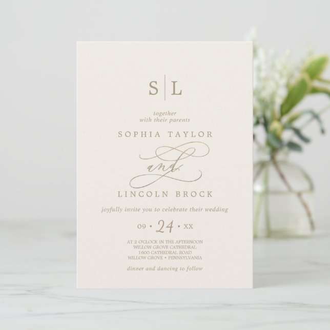 Romantic Gold Ivory Monogram QR Code Back Wedding Invitation (Standing Front)