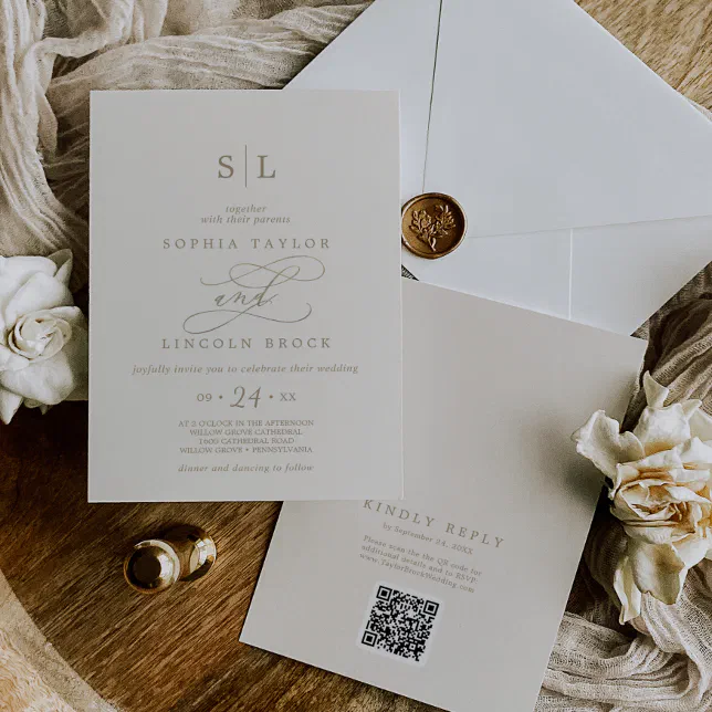 Romantic gold ivory monogram qr code back wedding invitation zazzle