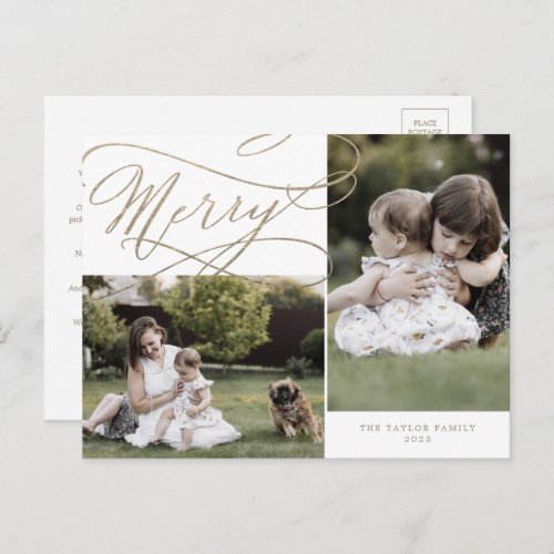 Romantic Gold Merry 2 Photo Family Newsletter Holiday Postcard