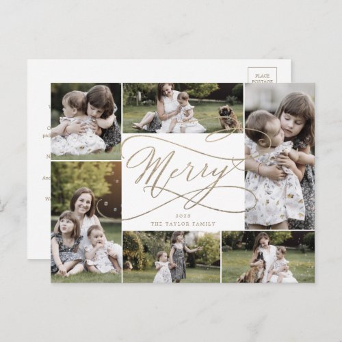 Romantic Gold Merry 6 Photo Year in Review Holiday Postcard