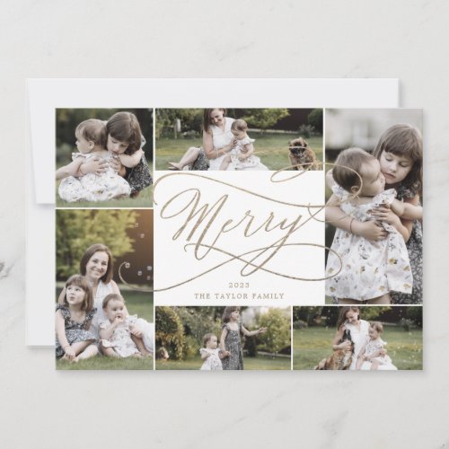 Romantic Gold Merry 7 Photo Family Newsletter Holiday Card