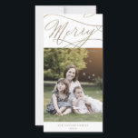Romantic Gold Merry Christmas Photo Family News Holiday Card<br><div class="desc">This romantic gold merry Christmas photo family news holiday card is the perfect simple holiday greeting. The modern classic design features fancy swirls and whimsical flourishes with gorgeous elegant hand lettered faux champagne gold foil typography. Personalize the front of the card with a photo, your family name and the year....</div>
