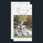 Romantic Gold Merry Christmas Photo Family News Holiday Card<br><div class="desc">This romantic gold merry Christmas photo family news holiday card is the perfect simple holiday greeting. The modern classic design features fancy swirls and whimsical flourishes with gorgeous elegant hand lettered faux champagne gold foil typography. Personalize the front of the card with a photo, your family name and the year....</div>