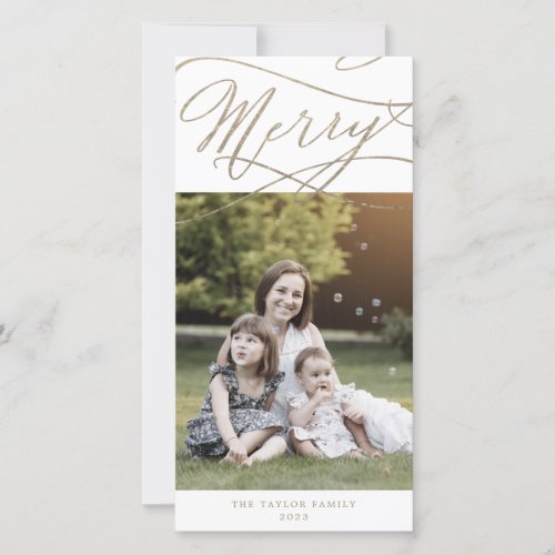 Romantic Gold Merry Christmas Photo Family News Holiday Card