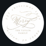 Romantic Gold Merry Circular Return Address Classic Round Sticker<br><div class="desc">These romantic gold merry circular return address stickers are perfect for a simple holiday card or invitation envelope. The modern classic design features fancy swirls and whimsical flourishes with gorgeous elegant hand lettered faux champagne gold foil typography.</div>