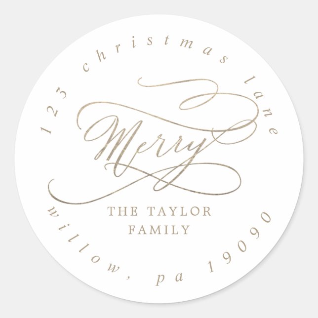 Romantic Gold Merry Circular Return Address Classic Round Sticker (Front)