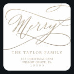 Romantic Gold Merry Return Address Envelope Square Sticker<br><div class="desc">These romantic gold merry return address envelope stickers are perfect for a simple holiday card or invitation envelope. The modern classic design features fancy swirls and whimsical flourishes with gorgeous elegant hand lettered faux champagne gold foil typography.</div>