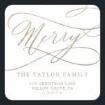 Romantic Gold Merry Return Address Envelope Square Sticker<br><div class="desc">These romantic gold merry return address envelope stickers are perfect for a simple holiday card or invitation envelope. The modern classic design features fancy swirls and whimsical flourishes with gorgeous elegant hand lettered faux champagne gold foil typography.</div>