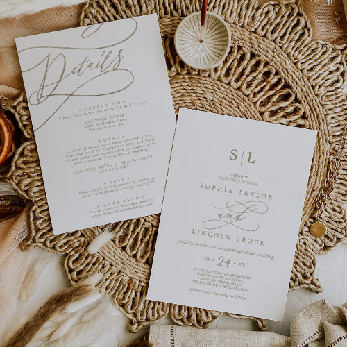 Romantic Gold Monogram Front and Back Wedding Invitation