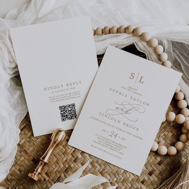 Romantic Gold Monogram Front Back QR Code Wedding Invitation (Creator Uploaded)