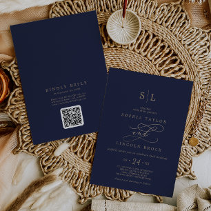 Romantic Gold Navy Monogram QR Code Back Wedding Invitation