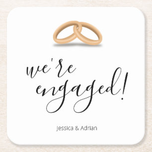 Romantic Gold Rings We're Engaged Square Paper Coaster
