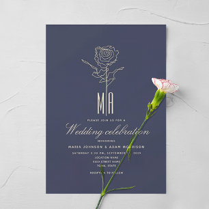 Romantic Gold Rose Navy Blue Wedding Invitation