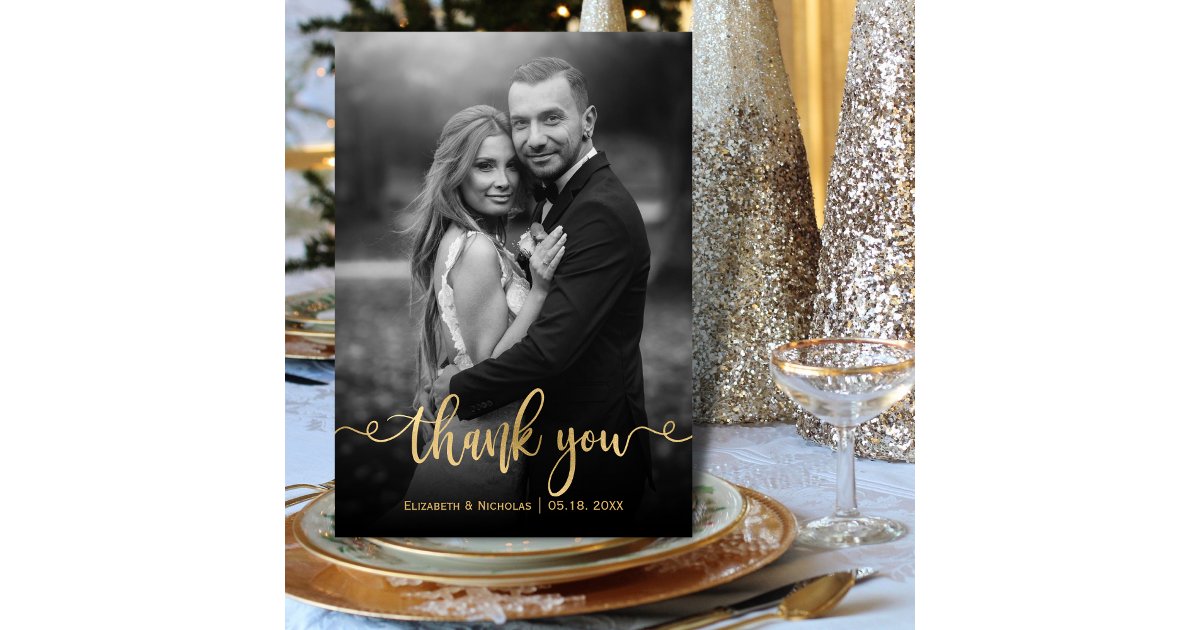 Romantic Gold Script 2 Black White Photo Wedding Thank You Card | Zazzle