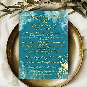 Romantic Gold Teal Marble Fantasy Wedding Invitation