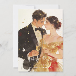 Romantic Gold Vintage Couple Illustration Wedding Save The Date