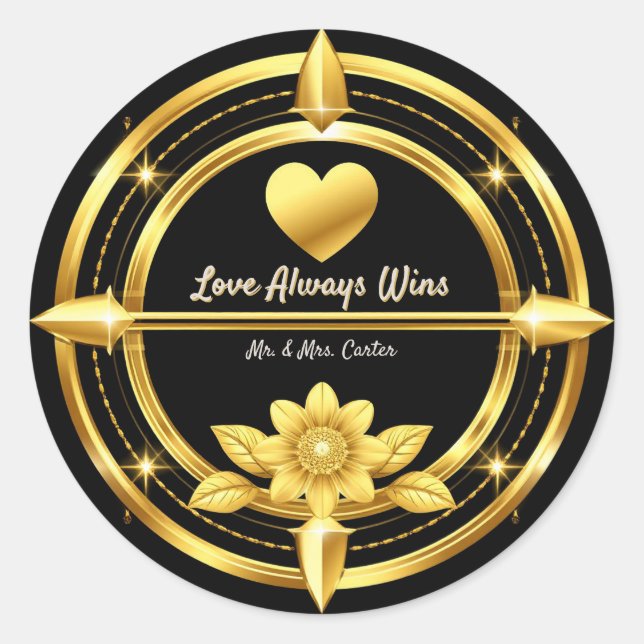 💍 Romantic Gold Wedding Couple Theme 🌹 Classic Round Sticker (Front)