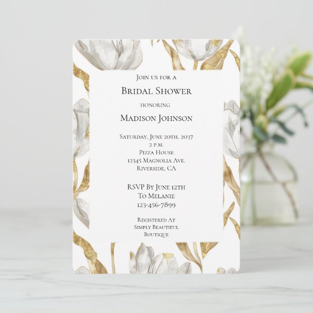 Romantic Gold White Floral Tulips Bridal Shower Invitation (Standing Front)