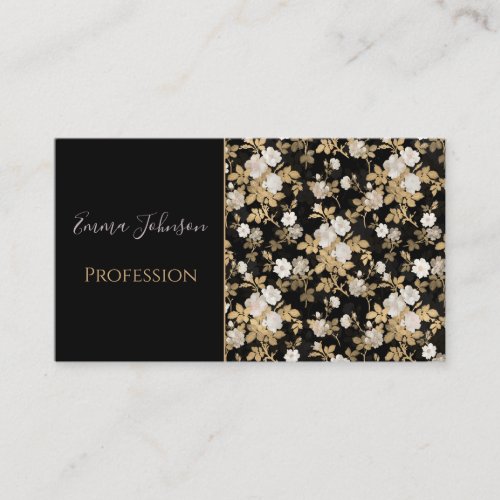 Romantic Gold White Rose Floral Painting Black Business Card