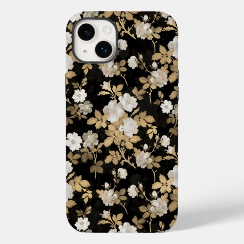 Romantic Gold White Rose Floral Painting Black Case_Mate iPhone 14 Plus Case