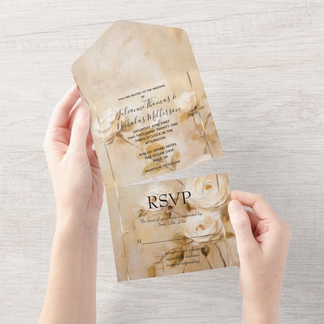 Romantic Gold White Roses All In One Invitation (Tearaway)