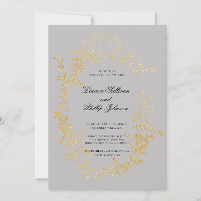 Romantic Gold Wreath Floral Wedding Invitations (Front)