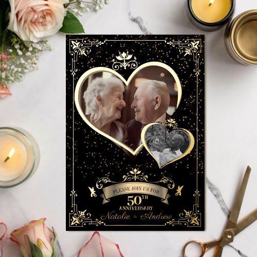 Romantic Golden Anniversary Party Then  Now Photo Foil Invitation