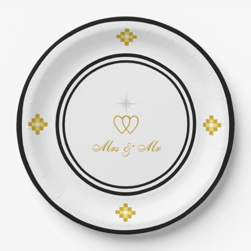 Romantic Golden Black  White Wedding Paper Plates