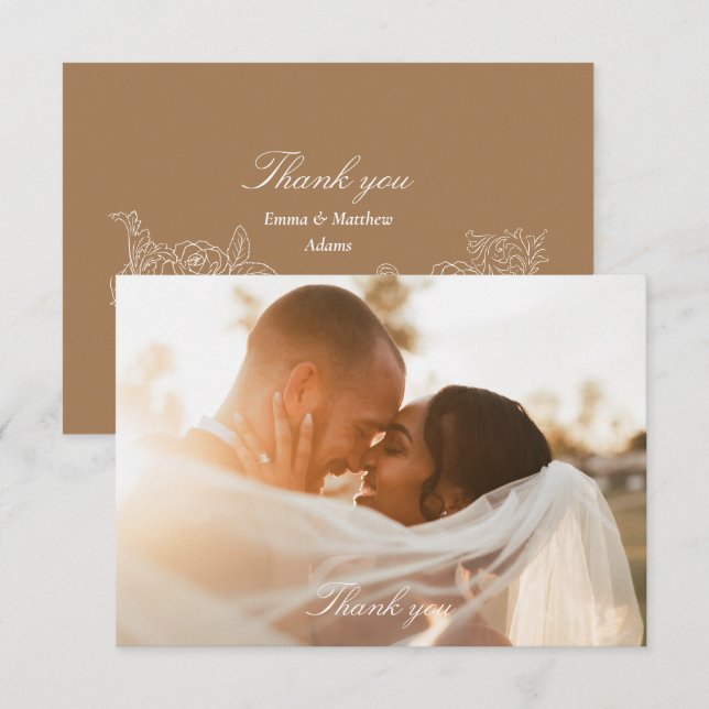 Romantic Golden Brown Photo Wedding Thank You Card (Front/Back)