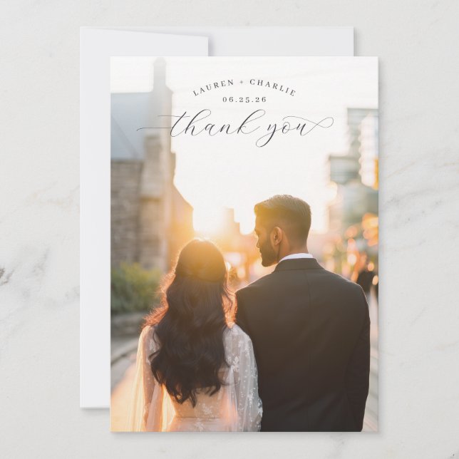 Romantic Golden Contemporary Photo Thank You Card (Front)