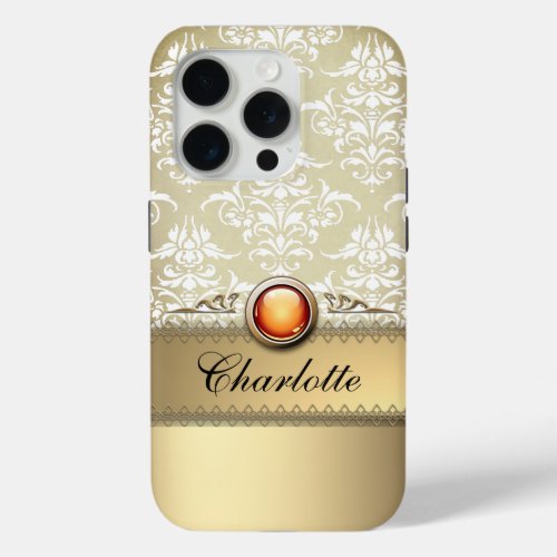 Romantic Golden Damask Pattern personalizable iPhone 15 Pro Case