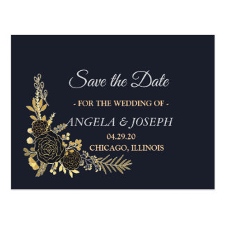 Romantic golden Floral Navy Blue Save the Date Postcard