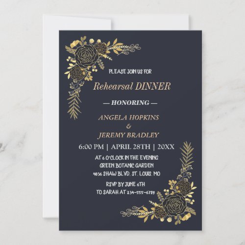 Romantic golden Floral Navy Rehearsal Dinner Invitation