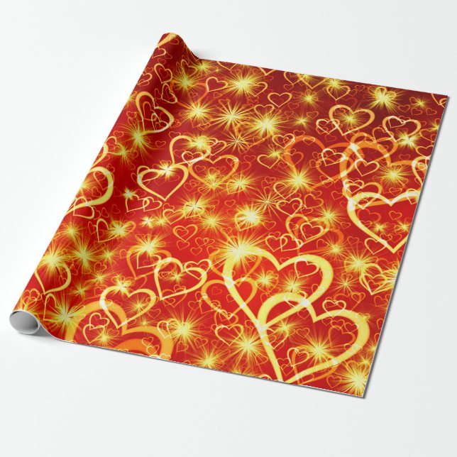 Romantic Golden Hearts on Orange Wrapping Paper (Unrolled)