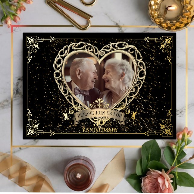 Romantic Golden love heart 50th Anniversary Photo Foil Invitation (Creator Uploaded)