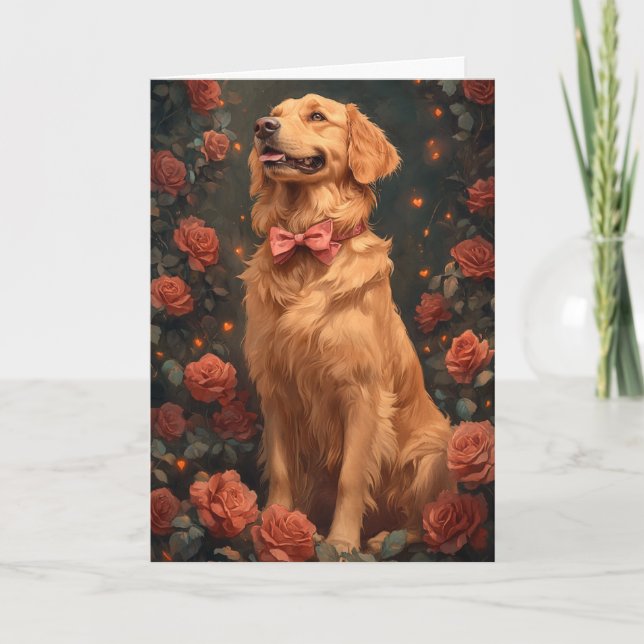 Romantic Golden Retriever Valentine's Day Roses Card (Front)
