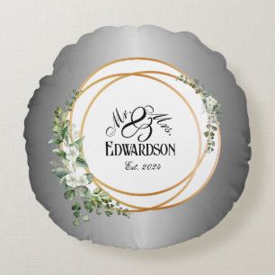 Romantic Golden Rings & Floral Anniversary Round Pillow