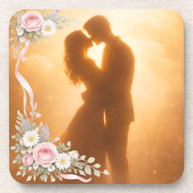 Romantic Golden Sunset Silhouette  Wedding Napkins Beverage Coaster (Front)