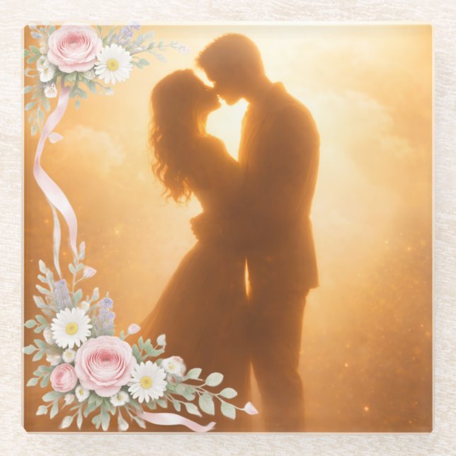 Romantic Golden Sunset Silhouette  Wedding Napkins Glass Coaster (Front)