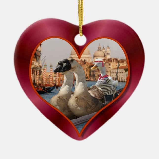 Romantic Gondola Ride w/ Red Satin Background Ceramic Ornament (Front)