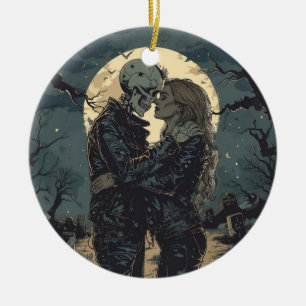Romantic gothic cartoon of a skeleton and woman  ceramic ornament
