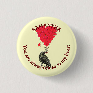 Romantic gothic crow and red heart personalized button